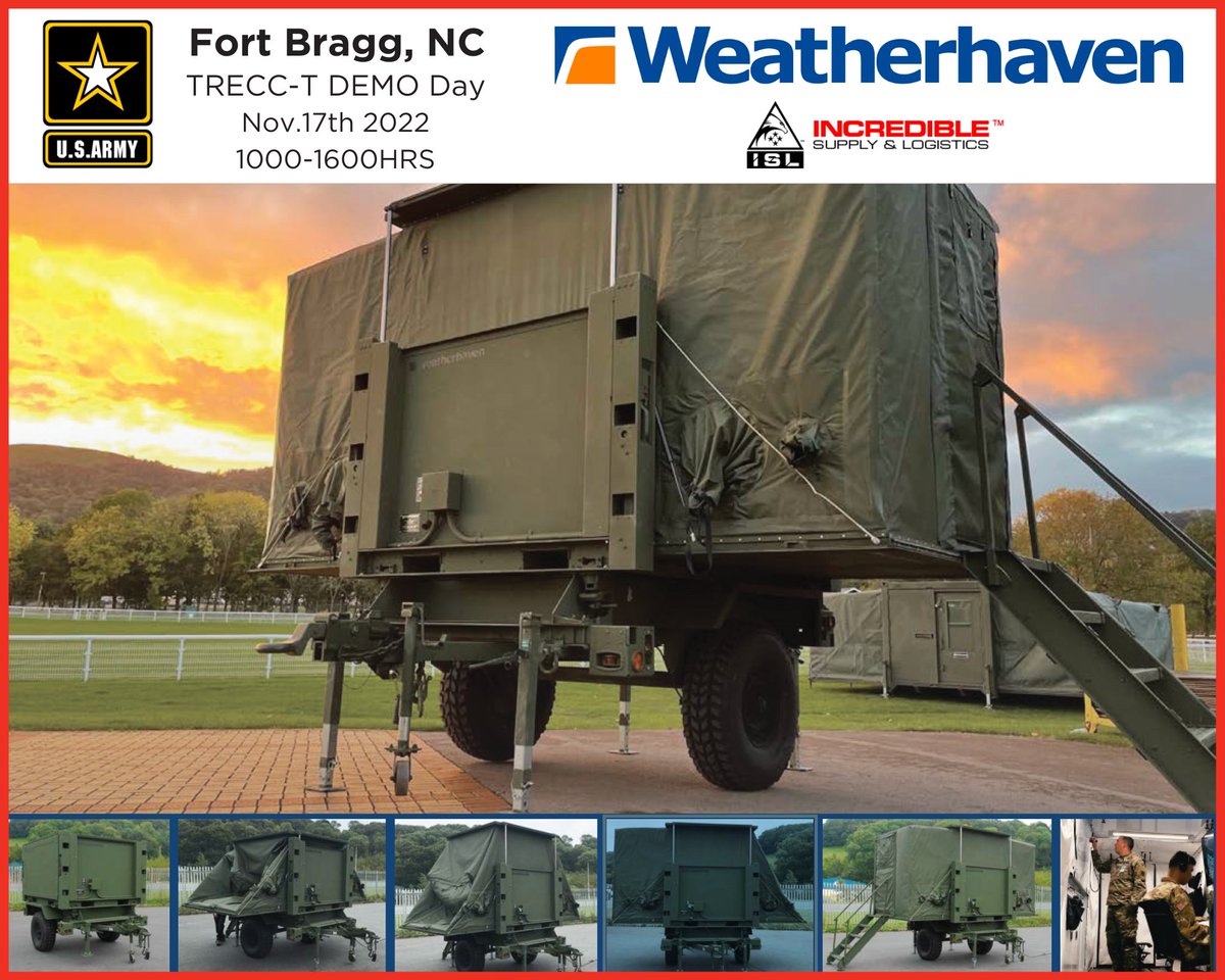 SAVE THE DATE – Please join <a href="/Weatherhavengr/">Weatherhaven</a> and the ISL <a href="/USArmy/">U.S. Army</a> team at #FortBragg for a Tactical Redployable Expandable Container Capability (TRECC-T) Demo Day on Nov 17th. 2022, 1000-1600 hours.  

Contact ISL to Schedule Your System Walk Through:   incrediblesupply.com/contact/
