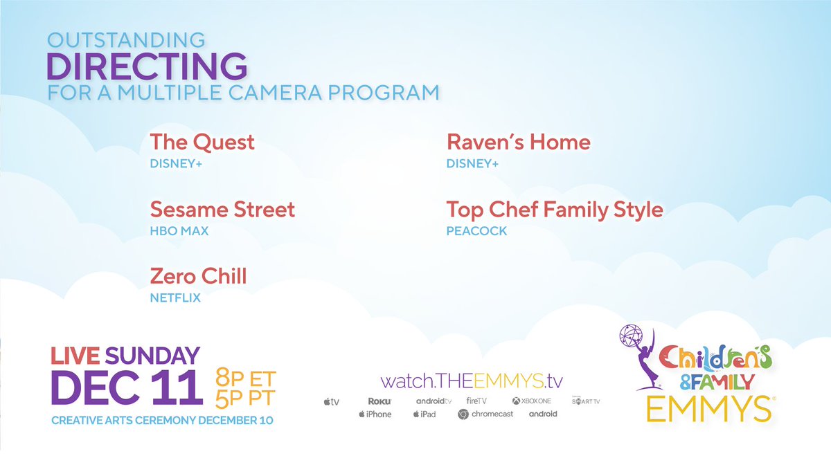 TheEmmys's tweet photo. The #ChildrensEmmys nominees for Directing for a Multiple Camera Program are The Quest (@DisneyPlus), Raven's Home (@DisneyPlus), Sesame Street (@hbomax), Top Chef Family Style (@peacock), and Zero Chill (@Netflix @NetflixFamily). https://t.co/7ufADLaQrt
