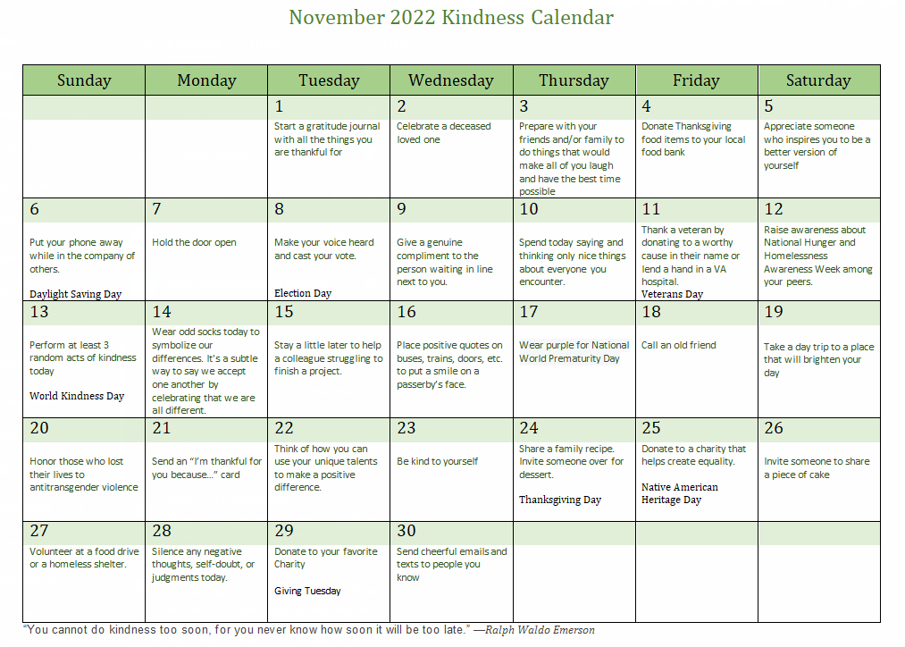 “You cannot do kindness too soon, for you never know how soon it will be too late.” —Ralph Waldo Emerson 

Join us for another month of #CarePlusKindness!