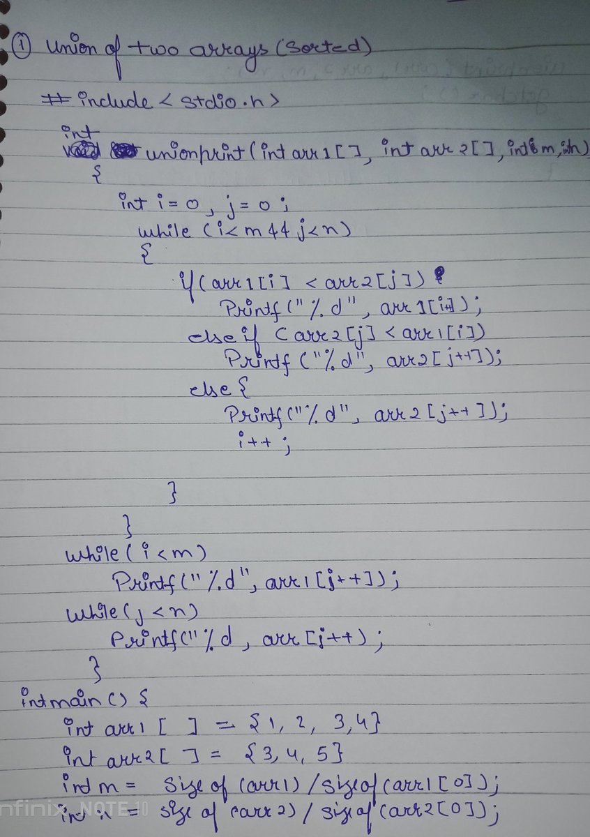 _codewithme_07's tweet image. Code 1 - Union of two arrays(sorted)