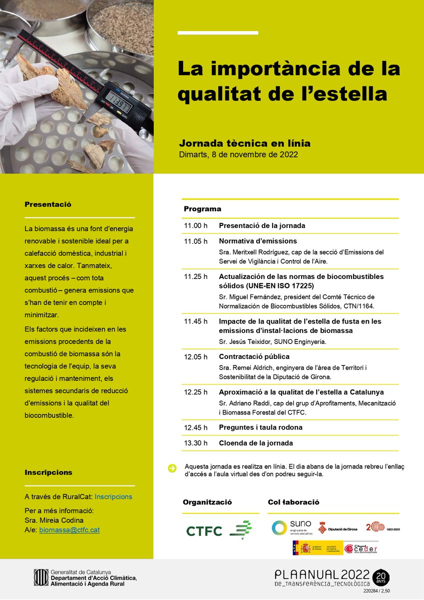 📌Jornada tècnica en línia :"La importància de la qualitat de l’estella" #PATT2022
 
📅08/11/2022
⌚️11:00 h

ow.ly/XAMF50Lpig1

<a href="/ctforestal/">CTFC</a> @Suno_e
