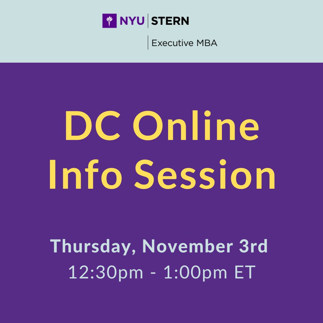 DC Online Information Session
Thursday, November 3rd at 12:30pm ET

Join admissions directors to learn more about the #SternEMBA program in Washington, DC. 

Register here: ow.ly/ar0850LnwV7