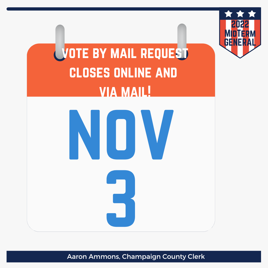 🚨 Vote by mail requesting (online and mail) closes on NOV 3! 🚨 There is still time to request but the vote by mail envelope MUST be postmarked/returned by Tuesday Nov 8th at 7PM. Request at the link ➡ champaigncountyclerk.com/elections/my-v…