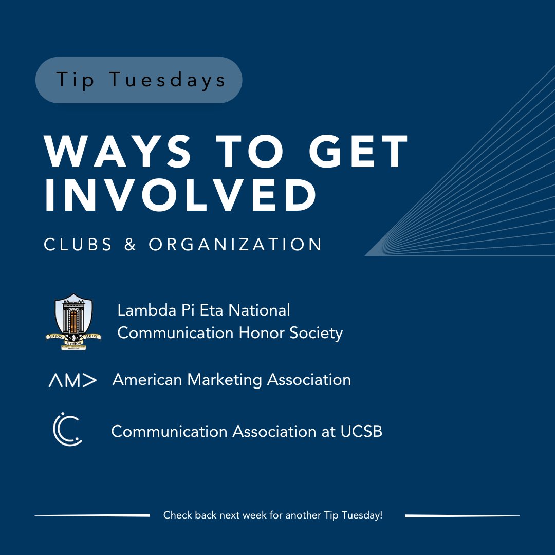 Looking to get involved on campus and within the Department of Communication? Here are the clubs and organizations @ucsblambdapieta @ucsbcomm @UCSBAMA affiliated with our Communication Department. Check out their pages or our website for more info!