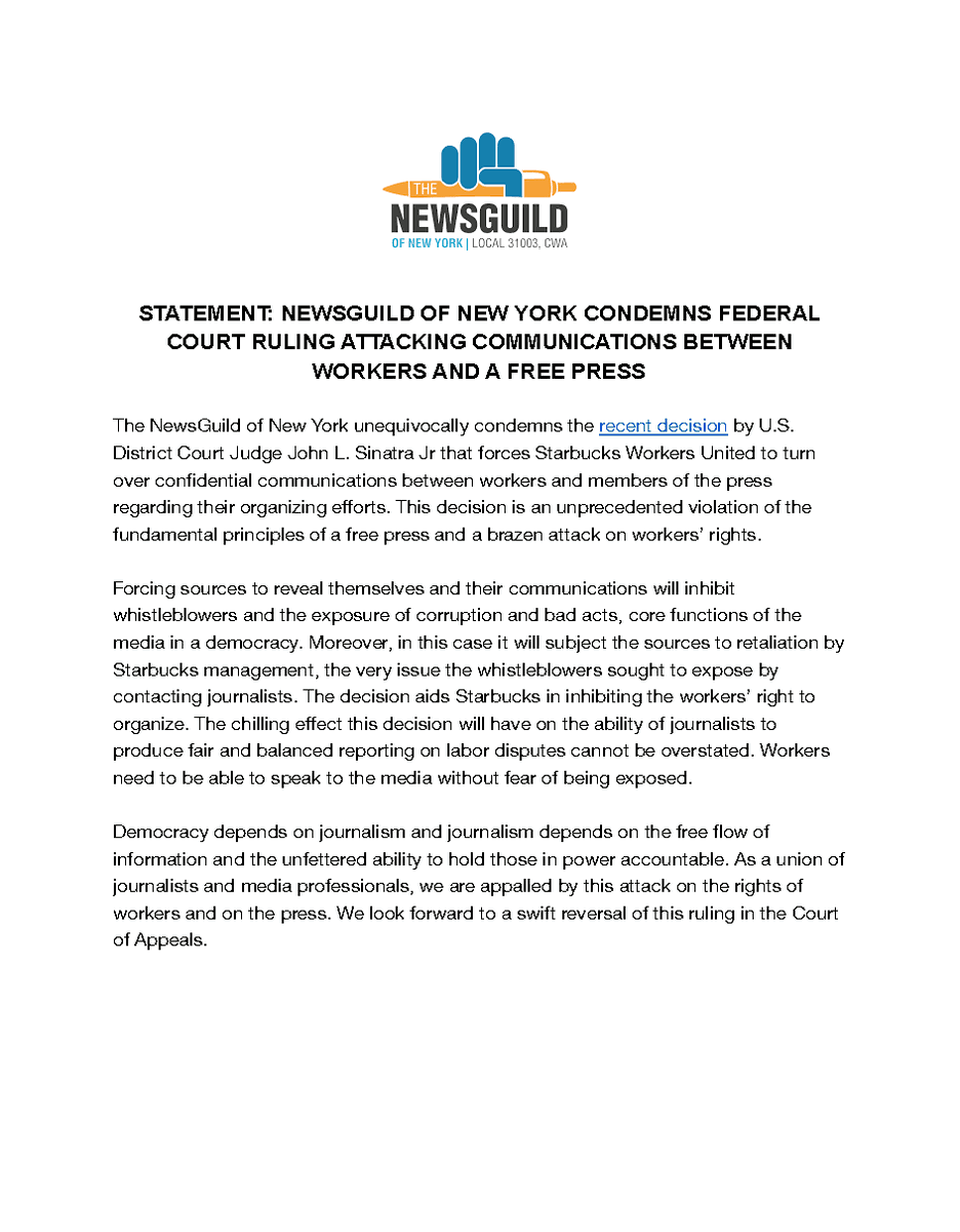 nyguild's tweet image. STATEMENT: The NewsGuild of New York Condemns Federal Court Ruling Attacking Communications Between Workers and a Free Press (@SBWorkersUnited) 

This decision is an unprecedented violation of the fundamental principles of a free press and a brazen attack on workers’ rights.