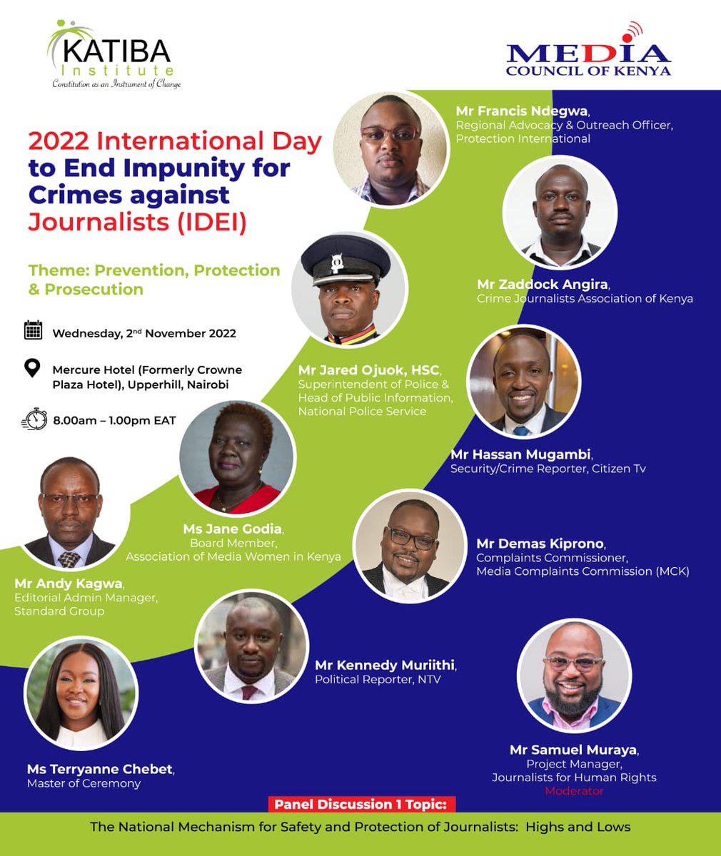 Our Chairman Mr <a href="/ZadockAngira/">OchiengAngira</a> shall be part of this powerful  discussion on November 2, as the world marks this year's International Day to End Impunity for Crimes Against Journalists. Also in the panel is CJAK member Mr <a href="/hassanmugambi/">Hassan Mugambi</a>! Thank you <a href="/MediaCouncilK/">Media Council of Kenya</a> <a href="/katibainstitute/">Katiba Institute</a>