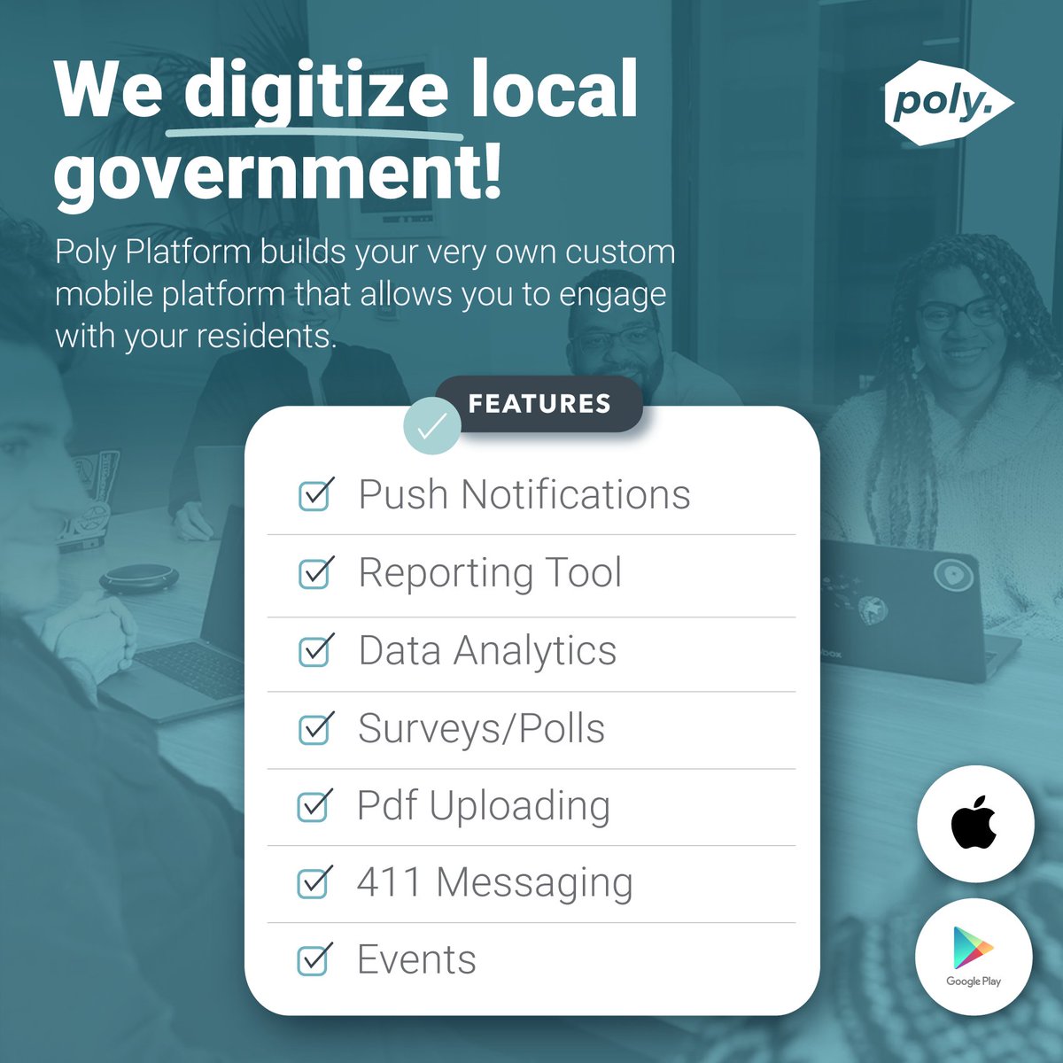 PlatformPoly's tweet photo. Poly Platform digitizes the aging infrastructure of city government into a city's very own cost-efficient, all-in-one digital town hall! We streamline government processes by providing a custom mobile platform to amplify the voices of city officials to their residents.
 #localgov https://t.co/YGidaKv5HJ