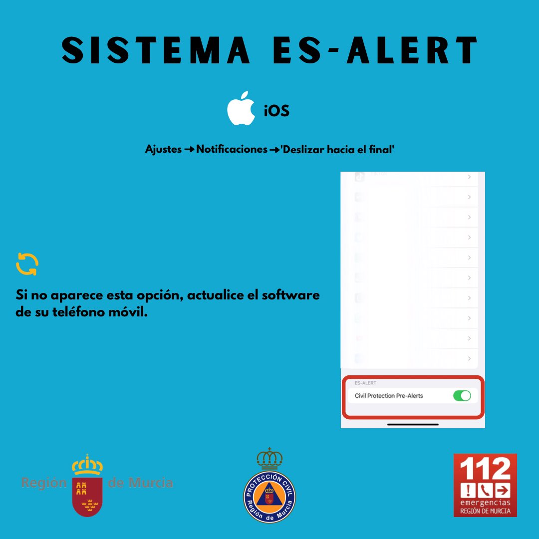 ⚠️ Mañana, entre las 10:00h y las 11:00h, tendrá lugar la PRUEBA del Sistema ES-Alert en TODA la Región de Murcia. 

✅ Asegúrate de que puedes recibir el aviso. Revisa los ajustes de tu teléfono móvil.

#112RegióndeMurcia #ProtecciónCivil #esalert #alerta #alarma #emergencias