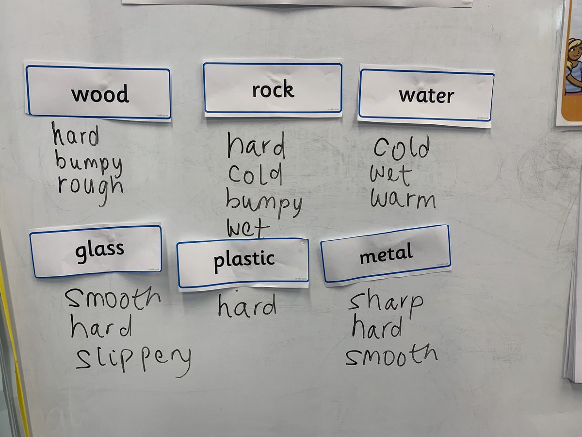 MissCrowther's tweet photo. We’re back! And we’re learning about every day materials. We did find a few more adjectives for plastic, in the end #TryTryAgain. The children became explorers on the hunt for every day materials today. Luckily no water fights @ManchesterSCITT https://t.co/owEQ6O7l5E