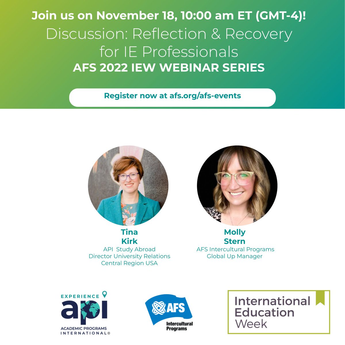 AFS's tweet photo. Announcing two more great webinars happening during #IEW2022:
⭐️ Expanding Access to Intercultural Education
⭐️ Reflection &amp; Recovery for IE Professionals
Join us to celebrate the benefits of international education and exchange worldwide: https://t.co/mxABPpZkIA

#AFSeffect https://t.co/vnUZY0BK7H