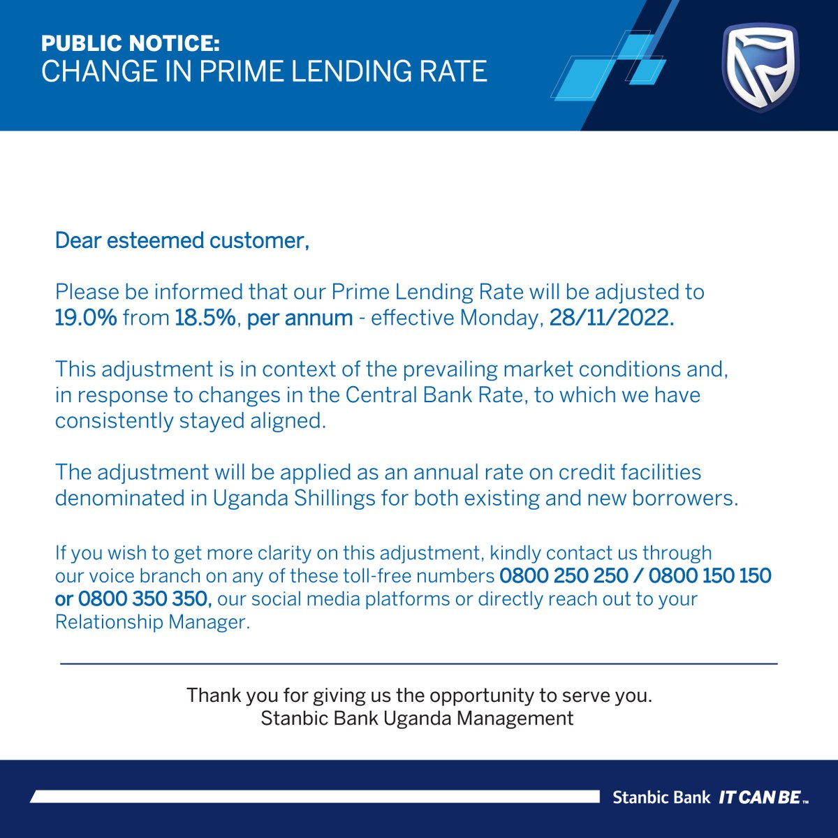 PUBLIC NOTICE: Change in Prime Lending Rate. Send us a message if you wish  to get more clarity on this adjustment.