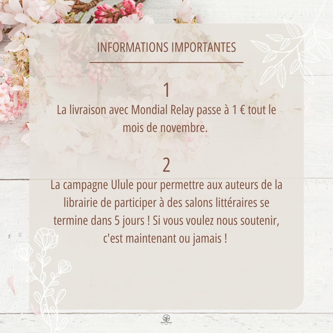 🍂INFORMATIONS IMPORTANTES🍂

Avec Noël qui arrive prochainement, j'ai décidé de proposer la livraison avec Mondial Relay (livraison en point relais) à 1 € durant tout le mois de novembre. 

🌱librairiejeunespousses.fr
🌱ulule.com/les-jeunes-pou…