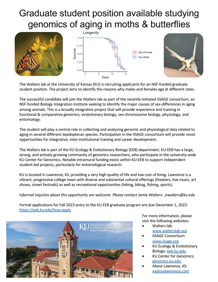 Jamie R. Walters (@bioboatr) on Twitter photo I am recruiting applicants for an NSF-funded graduate student position in my lab <a href="/KU_EEB/">KU Ecology & Evolutionary Biology</a>. We'll be studying genomics (and more) of sex-specific aging in moths & butterflies🦋. Part of the new <a href="/bii_sage/">II-SAGE</a> consortium. I'm happy to chat with prospective students -- DM or email me. I am recruiting applicants for an NSF-funded graduate student position in my lab <a href="/KU_EEB/">KU Ecology & Evolutionary Biology</a>. We'll be studying genomics (and more) of sex-specific aging in moths & butterflies🦋. Part of the new <a href="/bii_sage/">II-SAGE</a> consortium. I'm happy to chat with prospective students -- DM or email me.