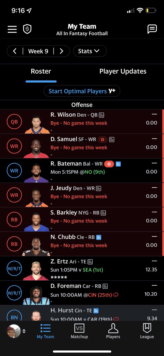 Marcus_G_83's tweet photo. @NFLFantasy 7-1 about to be 7-2 after this bye week from hell😪 but shoutout Barkley and Chubb for putting this squad on their back🤟🏽 https://t.co/MvXVQnltlC