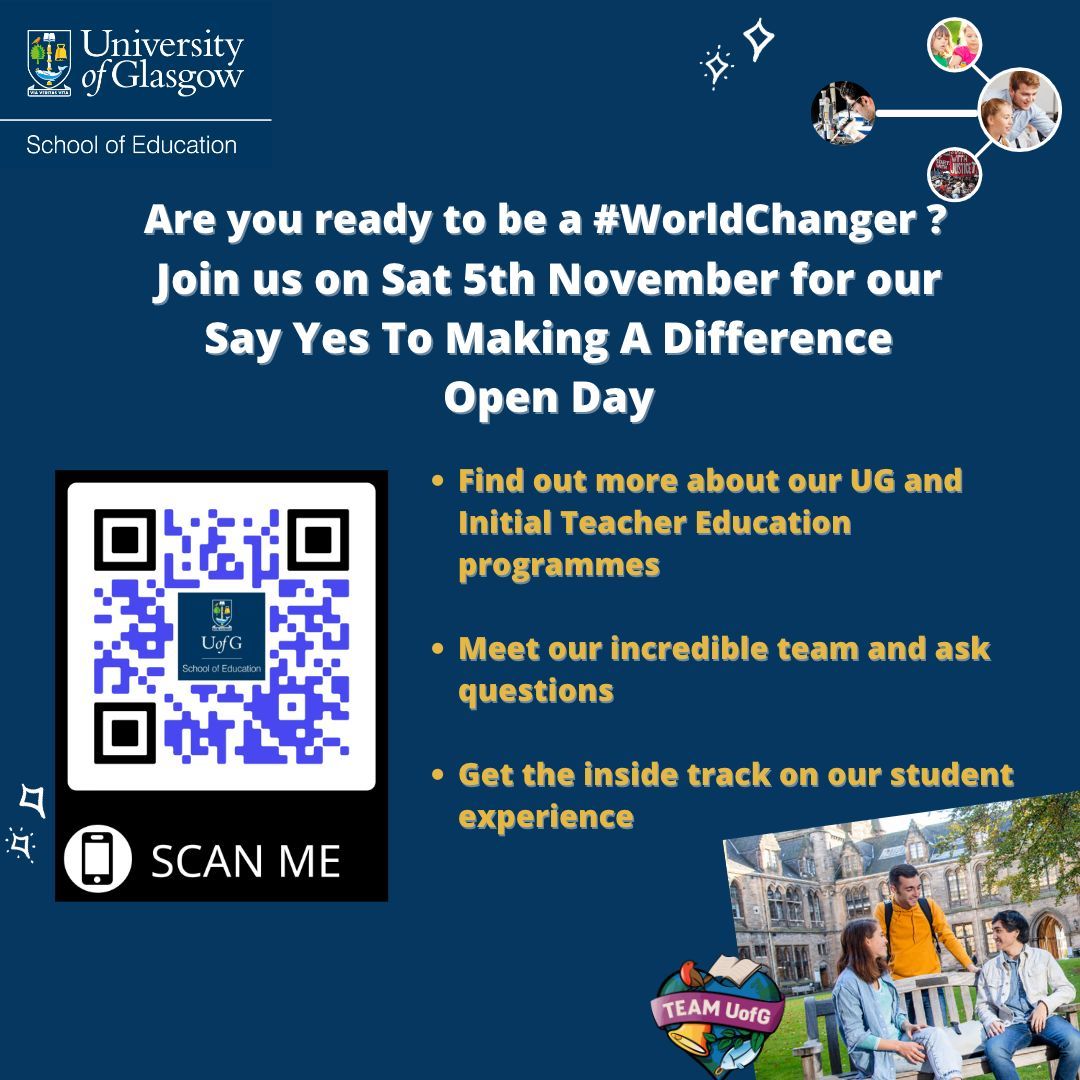 UofGEducation's tweet photo. Did you miss the Open Day? Are you considering studying with us @UofGEducation?
There are still places available for our #SayYestoMakingaDifference Open Day on Saturday 5 November 10am-1pm.
Register at https://t.co/ltF1l8vN8v https://t.co/Oo8tIdv5Ul