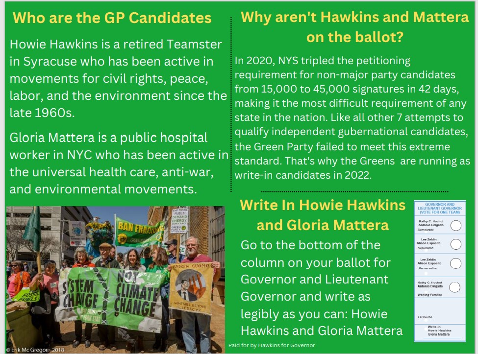 freedomrideblog's tweet photo. Hello New York state people,
The democrats deprived the Greens and other parties of ballot access. But you can still participate in real democracy by writing in our candidates Howie Hawkins and Gloria Mattera for governor and lieutenant governor.
@gpny https://t.co/rXXPvj04TC