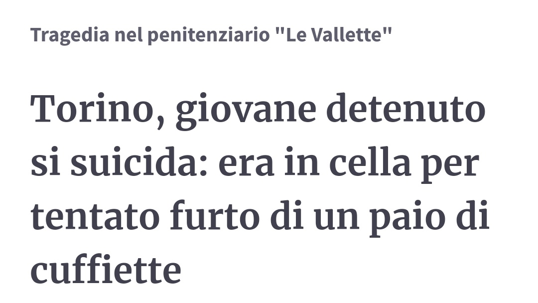 PossibileIt's tweet photo. È il numero 72 dall'inizio dell'anno, la 72esima vittima di un sistema carcerario che cancella l'umanità, distrugge vite, ignora la finalità riabilitativa della pena.

Una vita spezzata che pesa anche sulle spalle di coloro che parlano solo di pene più severe. 

Basta. https://t.co/Tv17G3uNza