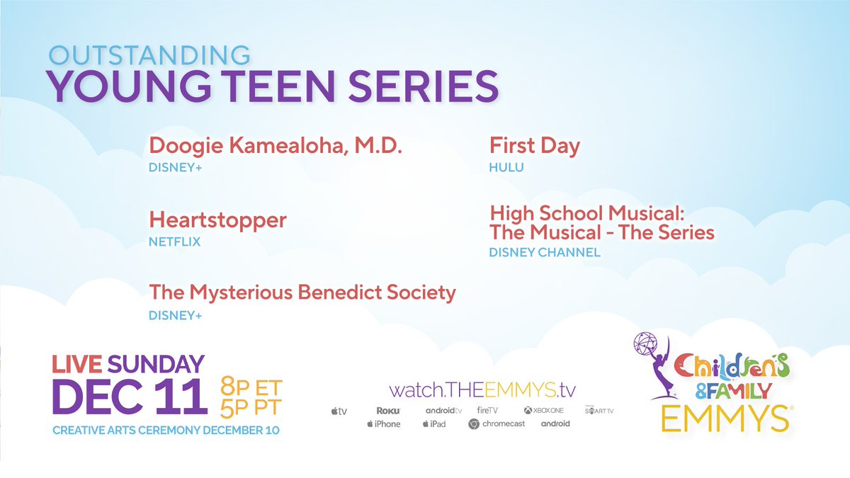 TheEmmys's tweet image. The #ChildrensEmmys nominees for Young Teen Series are Doogie Kamealoha, M.D. (@DisneyPlus), First Day (@hulu), Heartstopper (@Netflix), High School Musical: The Musical - The Series (@DisneyChannel), and The Mysterious Benedict Society (@DisneyPlus).