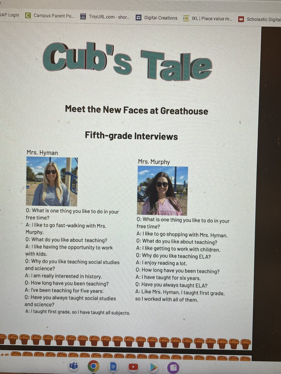 mrswilkerson84's tweet photo. I could not be more proud of my 5th Grade General Intellect and Language Arts GT kids for creating the first issue of the Cub’s Tale, which is a part of our school newspaper, The Lion’s Tale! #ghlionpride @GreathouseLions #jcpsgt https://t.co/IX4kbt53tz