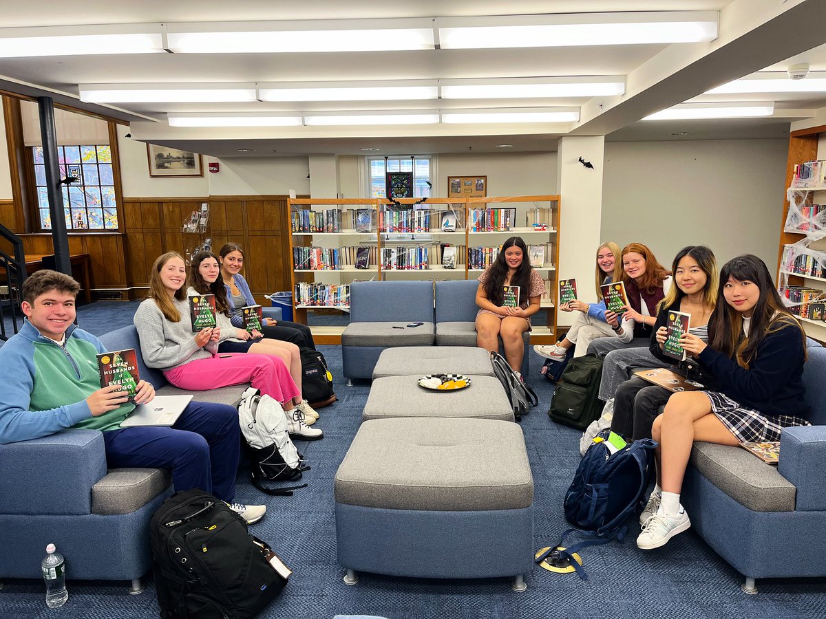 The Library Book Club met this morning to discuss their latest read: The Seven Husbands of Evelyn Hugo by Taylor Jenkins Reid. Verdict: Loved it! Thanks to Lulu R. ’23 & Mrs. Zibro for organizing it! #sevenhusbandsofevelynhugo #taylorjenkinsreid #bookclub #librarybookclub