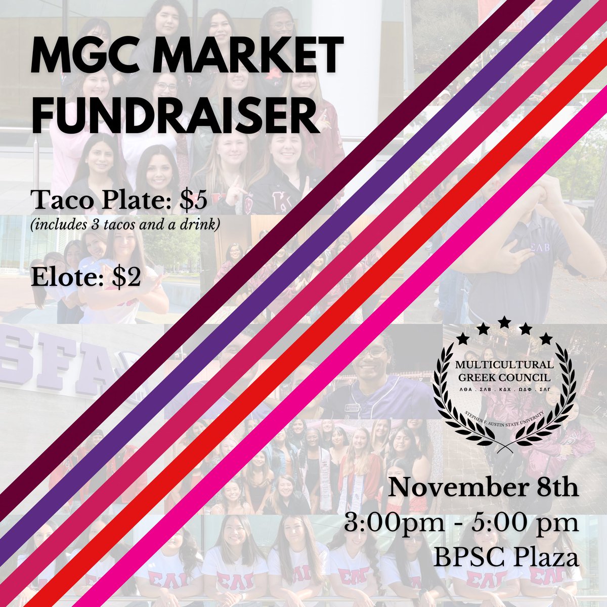 🌮 FUNDRAISER ANNOUNCEMENT! 

Please join us next Tuesday, 11/8 from 3-5pm for some tacos and elote!!! 👏 We’ll see you there!!!! #sfa #sfamgc #mgc #greekunity