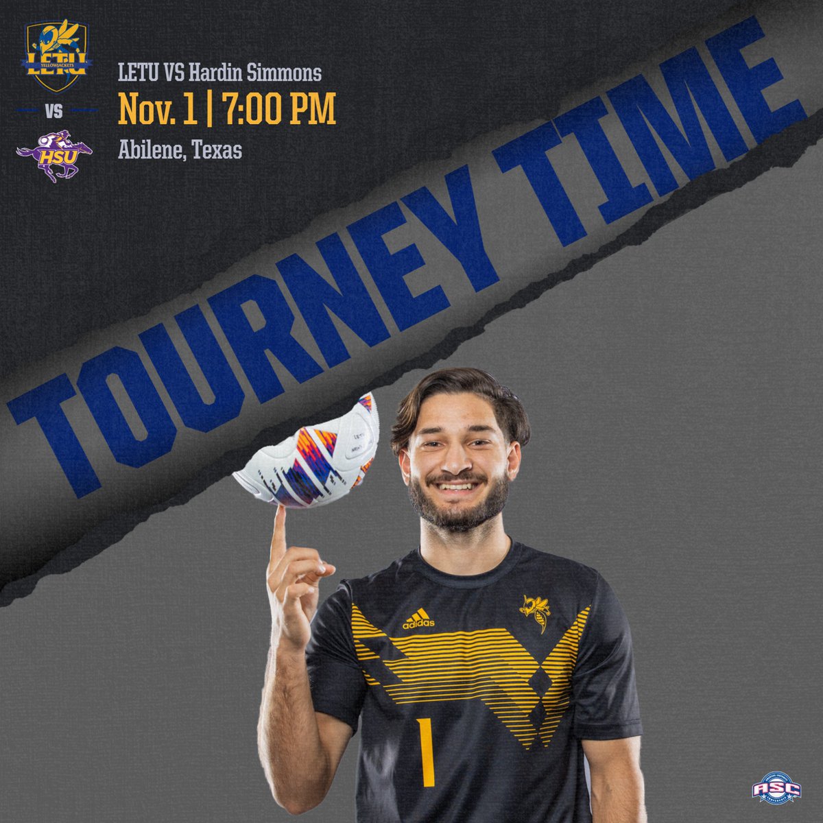 TOURNEY DAY! @LETUMSoccer opens @ASC_sports Tournament play at Hardin-Simmons in the quarterfinals tonight! 🆚 Hardin-Simmons 📍 Abilene, Texas ⏰ 7:00 PM 🎥/📈 letuathletics.com/live Preview: letuathletics.com/news/2022/11/1… #FearTheSting #d3soc