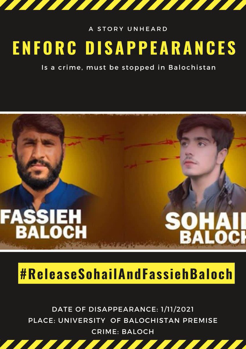AbdulRa76923516's tweet photo. We have spent a year of pain & waiting, but the wait is getting longer. It has been a year since Sohail and Fassieh were forcibly disappeared & they are still in torture cells
#ReleaseSohailAndFassiehBaloch
#SaveBalochStudents
#SaveUobStudents
#EndEnforcedDisappearances https://t.co/tTotgXX2pb