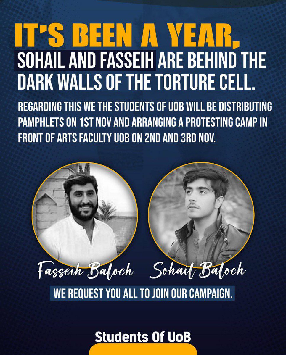 AbdulRa76923516's tweet photo. We have spent a year of pain & waiting, but the wait is getting longer. It has been a year since Sohail and Fassieh were forcibly disappeared & they are still in torture cells
#ReleaseSohailAndFassiehBaloch
#SaveBalochStudents
#SaveUobStudents
#EndEnforcedDisappearances https://t.co/tTotgXX2pb