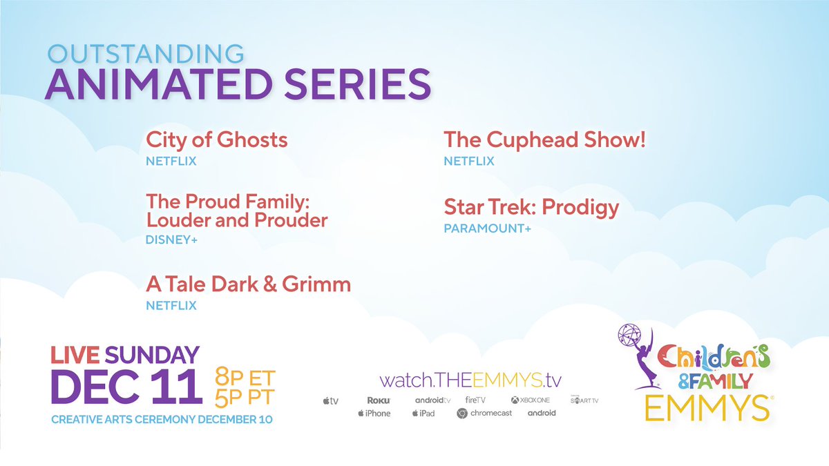 The #ChildrensEmmys nominees for Animated Series are City of Ghosts (@Netflix), The Cuphead Show! (@Netflix), The Proud Family: Louder and Prouder (@DisneyPlus), Star Trek: Prodigy (@ParamountPlus), and A Tale Dark & Grimm (@NetflixFamily).