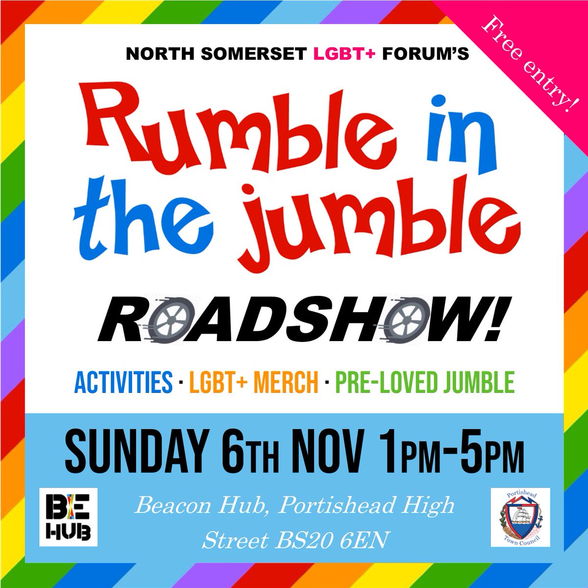 Join us this Sunday at the Beacon Hub on Portishead High Street for another Rumble in the Jumble event! We will have pre-loved items, LGBT+ merch and activities to enjoy, so why not pop by and say hi? @PortisheadTownC