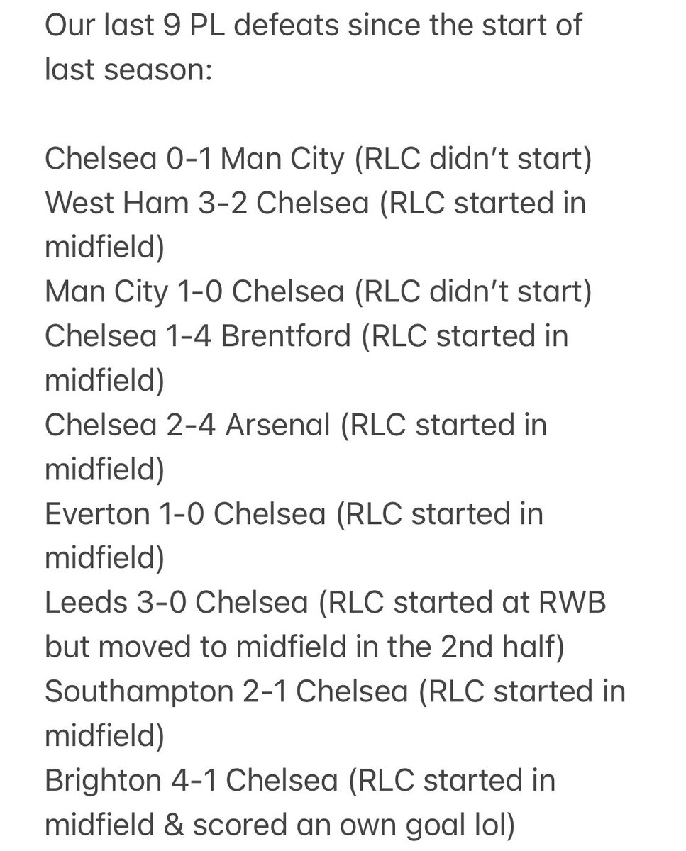 CFCBry_'s tweet photo. If Potter still fails to realise RLC is a liability, then he is setting us up to fail. We MUST sign a midfielder in Jan cos having only 2 serious mids (Kova & J5) isn’t enough or else we might as well forfeit the season & Potter will be sacked quicker than he realises. #RLCOUT https://t.co/6KYUqiKPo7