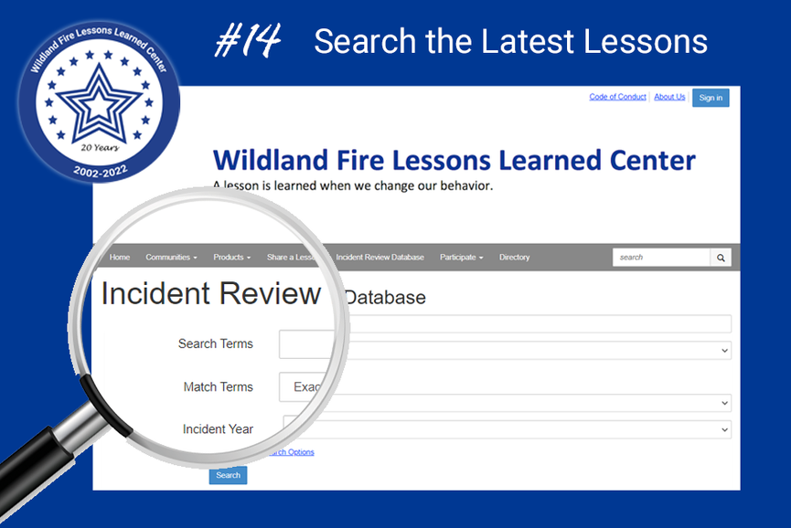 NIFC_Fire's tweet photo. Search the latest lessons in the @WildlandFireLLC incident review database: https://t.co/E40NJTj73E It’s our 14th way to celebrate the 20th anniversary of the Wildland Fire Lessons Learned Center. #WildfireLessons20 #HonorThroughLearning https://t.co/9FU9zbSOJc
