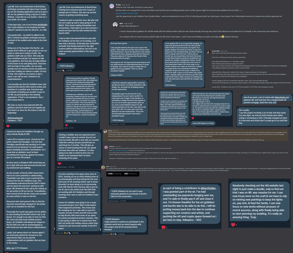 Loopify's tweet photo. the wave of misinformation around art gobblers mint is not only affecting the team building it, but the reputation for minters too

👉 here is a few dozen images of people who had their life changed by being picked for WL

debts paid, supporting parents, financial stability, etc. https://t.co/DzvLevB9ny
