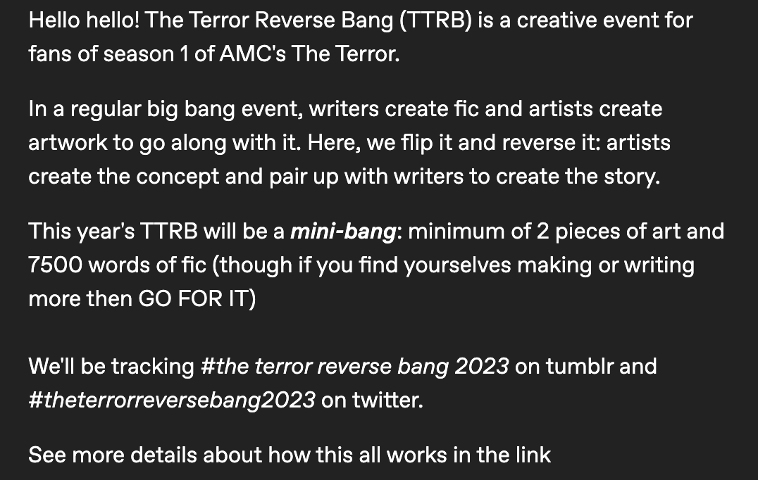 TerrorRevrsBang's tweet photo. Announcing: The Terror Reverse Bang 2023 🔄💥

TL;DR -> Mini Reverse Bang. 2 artworks. 7500 words.  Sign up in December. Post in May.

https://t.co/rCMsbHRKmT

#theterrorreversebang2023 #theterror https://t.co/HR2IGnPwji