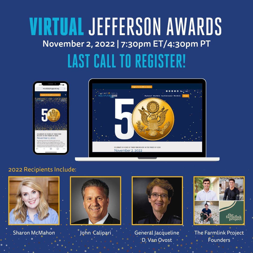 MultiplyingGood's tweet photo. The big day is tomorrow! Here's one last reminder from us to register for the virtual awards ceremony. 

Click the link below for more info &amp; the registration page: 
https://t.co/CXUP0NMZRy 

#multiplyinggood #jeffersonawards #celebratingservice #serviceconnects https://t.co/D0FohuF2j6