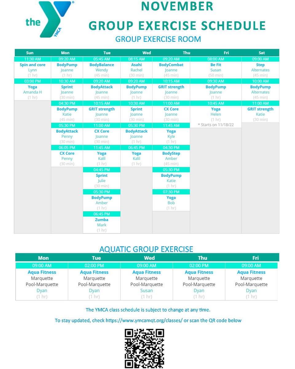 ymcamqt's tweet photo. November Group exercise schedule is out now!
NEW times and classes!
BodyBalance: Tuesday 5:45am
Sprint: Tuesdays 4:45pm

There's something for everyone at the Y!!! https://t.co/UaikxTr9Lk