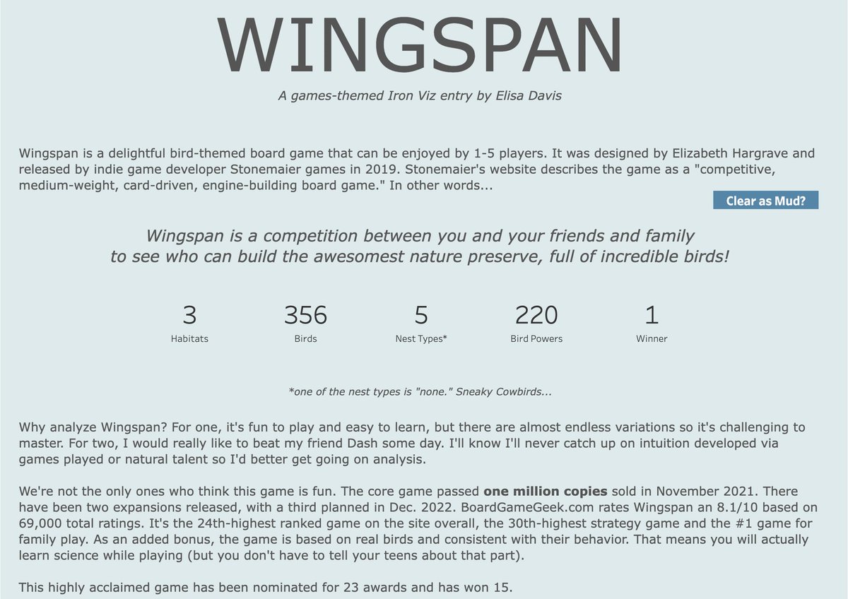 What a wild ride! #IronViz 2023 qualifier ✔️
I 50+ ideas, spent ~3 wks on one and pivoted to this at the last minute. I wish there had been time to put a bird on it, but I'm proud of my choice to finish &amp; submit.

#datafam, here's Wingspan! (1/n)

Viz: public.tableau.com/app/profile/el…