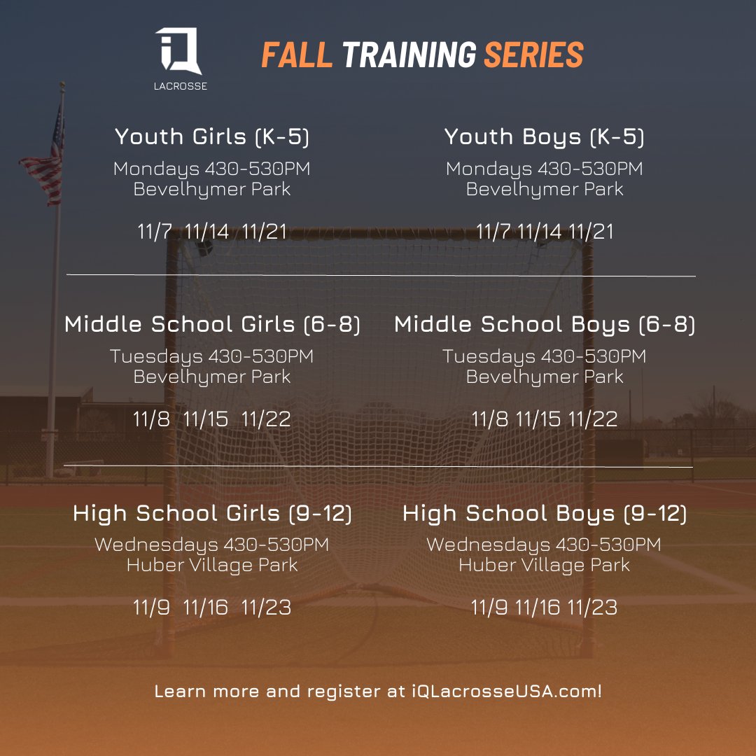 Update ‼️

November sessions will start one hour earlier at 430PM to allow more daylight with clocks falling back this Sunday. 

All dates/locations remain unchanged!

iqlacrosseusa.com/group-lacrosse…

#lacrossetraining #boyslacrosse #girlslacrosse