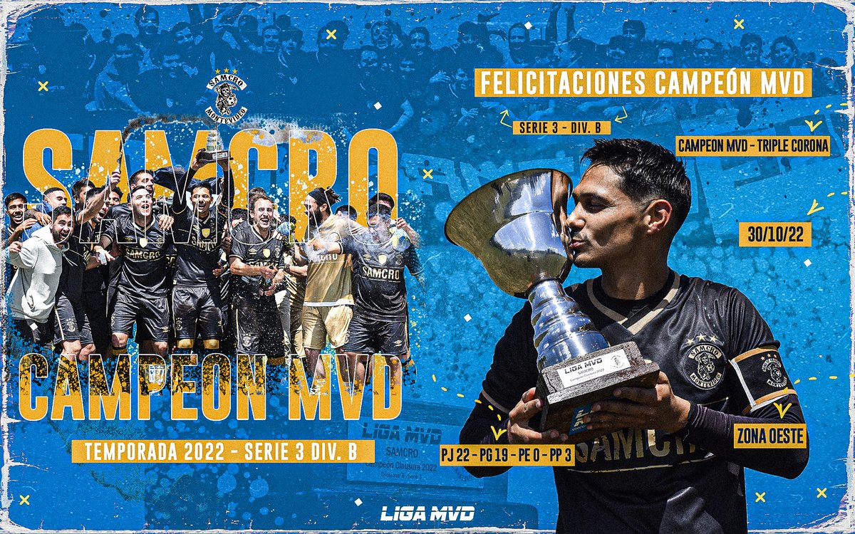 Dave_tz11's tweet photo. FUTBOL 11 | SAMCRO CAMPEÓN 🥇

Serie 3 | Div. B | Zona Oeste

🏆 Felicitamos a @Samcro_FC por su consagración como Campeón MVD 2022.

Salud Campeones!

#modomvd https://t.co/8vgSyvw0U0