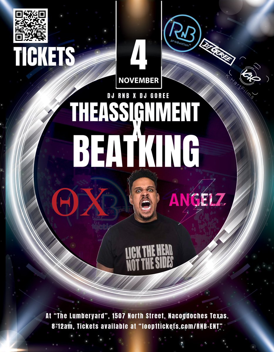 This Friday, TheAssignment is at <a href="/etxlumberyard/">LUMBERYARD</a> with <a href="/BEATKINGKONG/">CLUBGODZILLA</a> . Tickets are available online at the link in my bio or the QR code on the flyer.

<a href="/DJRnB_/">Robert Breitenstein</a> <a href="/Superkk_monster/">KK</a> @colbieb30 <a href="/aDjNamedGoree/">Goree</a> <a href="/SFAThetaChi/">SFASU Theta Chi</a> <a href="/SfaAngelz/">ANGELZ⚡️</a>