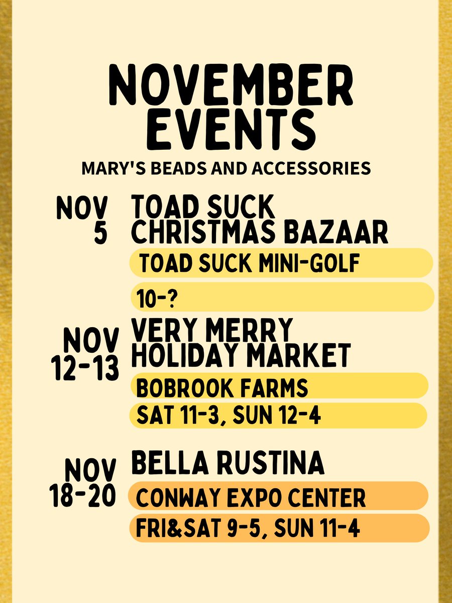 beads_mary's tweet photo. Happy November! If you can't make it to any of these events, you can always shop at https://t.co/XmJcpMW0cv!

#smallbusiness #womeninbusiness #handmadejewelry https://t.co/Gh8qOkGOpT