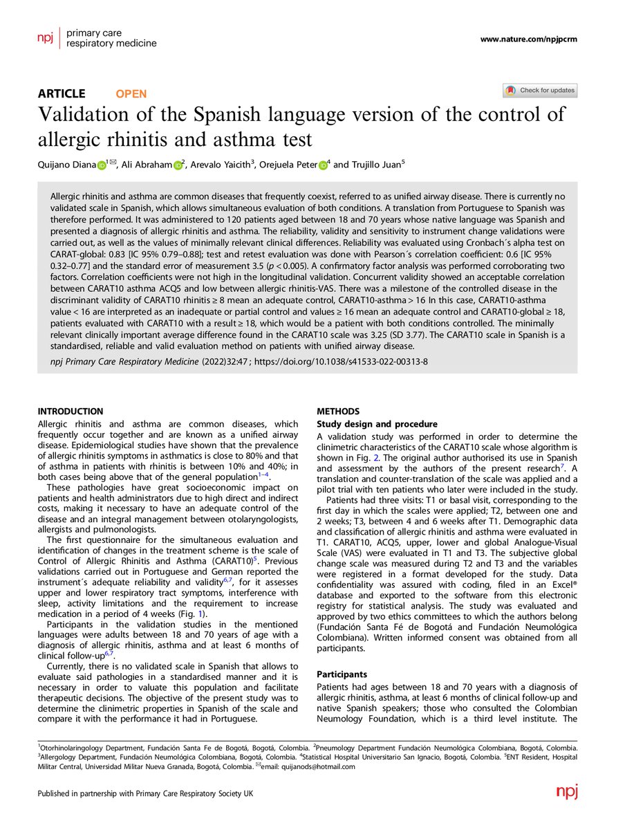 Neumologica's tweet photo. Esta investigación ha validado una escala que permite hacer el diagnóstico oportuno de asma y rinitis con una sola herramienta. Te compartimos esta investigación en la que participaron: el Dr. @abrahamalimd y la Dra. Yaicith Arévalo de La Neumológica. https://t.co/twN9q2gwJO