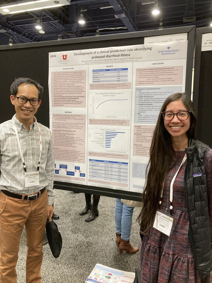 Presenting my ID fellowship research at #TropMed22. Goal: developing a clinical prediction rule identifying protozoal diarrheal illness. Top predictors? HIV, sBP, outpatient presentation, BMI. @ASTMH @GlobalGutHealth @UofU3i @UofUInternalMed