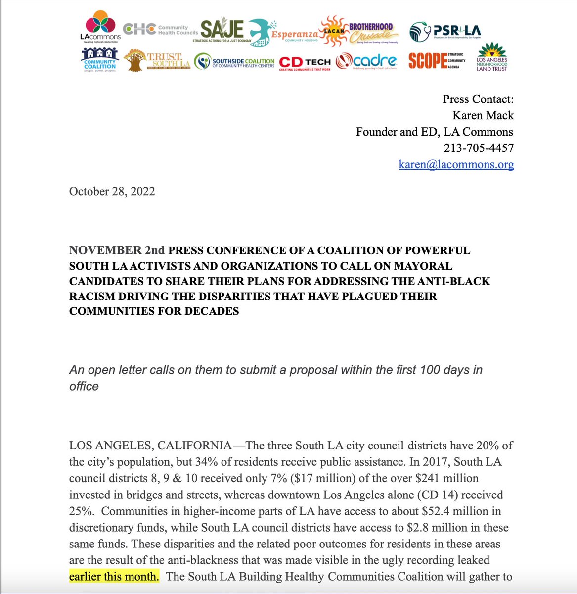 South LA Building Healthy Communities will be hosting a Press Conference that will be held on Wednesday - 11/2 at 9am. Located at City Hall, 200 N Spring Street, Los Angeles, CA 90012. 

Join us live at City hall! 📣 
#DriversofDisparity #SouthLAIsTheFuture #LAMayoralCandidate