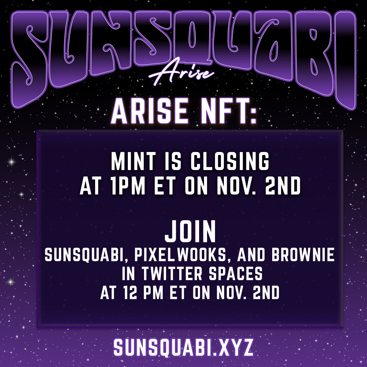 pixelw00ks's tweet photo. ๐ PIXELWOOKS + SUNSQUABI ๐
Join us tomorrow (11/2) at noon ET as the @pixelw00ks fam + @Marc_Brownstein welcome the @SunSquabi @LiveOnLively team into Web3 + celebrate a successful mint of their awesome new album Arise.๐ค
โฐ https://t.co/c5sMmCrkSZ
๐๏ธ https://t.co/YdDWW4H2sC https://t.co/lamGljyZJJ