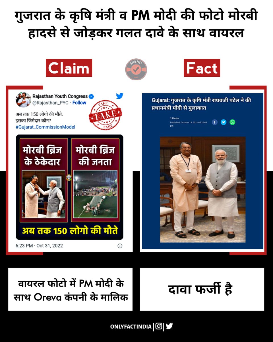 OnlyFactIndia's tweet photo. PM मोदी के साथ जिस व्यक्ति की फोटो वायरल हो रही है वो ओरेवा कम्पनी के मालिक नहीं बल्कि गुजरात के कृषि मंत्री राघवजी पटेल हैं https://t.co/8GBgZQRKs7