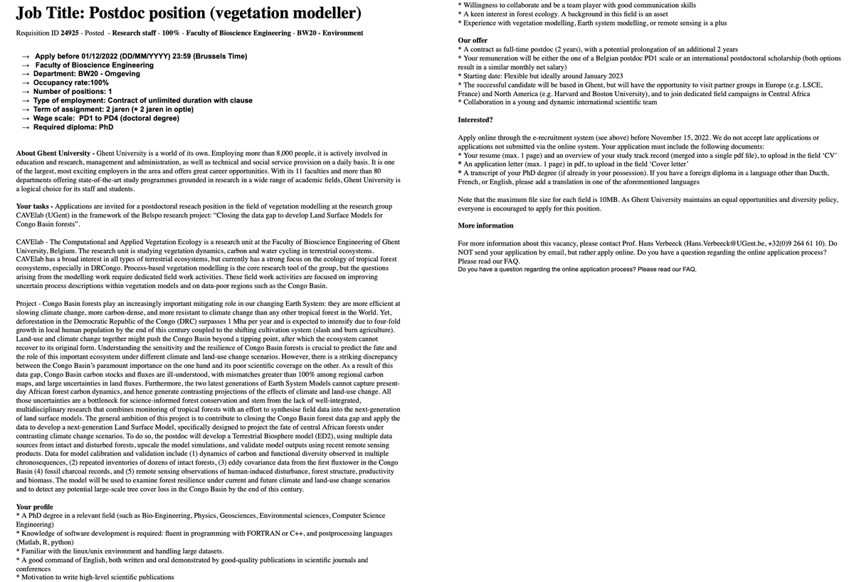 Please retweet: Open #Postdoc position in our lab for a new #Belspo project <a href="/Hans1Verbeeck/">Hans Verbeeck</a>! Related to #forest_ecology, #vegetation_modelling, #African_tropical_forests. 
Deadline: December 1
Here’s the advert: eur03.safelinks.protection.outlook.com/?url=https%3A%…