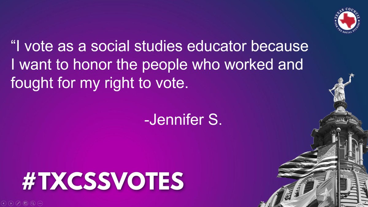 TxSocialStudies's tweet photo. “I vote as a social studies educator because I want to honor the people who worked and fought for my right to vote."
-Jennifer S.
#EducatorVotingDay! #txcssvotes #txed #vote https://t.co/6BU9WEyjGh