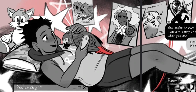 - Emmy's pet parrot is a rescue (duh). And his name is Miles. Obviously.
- Emmy's one of my long time fav RP chars. He's the MC Precisely bc she was caught in the crossfire of the actual RP friend falling out that inspired this story </3
- Emmy's Puerto Rican :] 