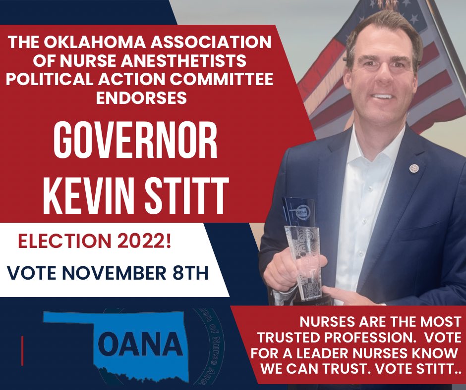 Oklahoma CRNAs (@oanacrnas) on Twitter photo Nurses are the most trusted profession. Vote for a leader we know we can trust. Vote #Stitt. <a href="/GovStitt/">Governor Kevin Stitt</a> <a href="/OKFirstLady/">Sarah Stitt</a> Nurses are the most trusted profession. Vote for a leader we know we can trust. Vote #Stitt. <a href="/GovStitt/">Governor Kevin Stitt</a> <a href="/OKFirstLady/">Sarah Stitt</a>